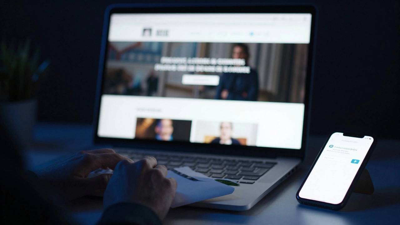 A glowing computer screen shows a vague escort website, with cash and a messaging app nearby in a dark room.