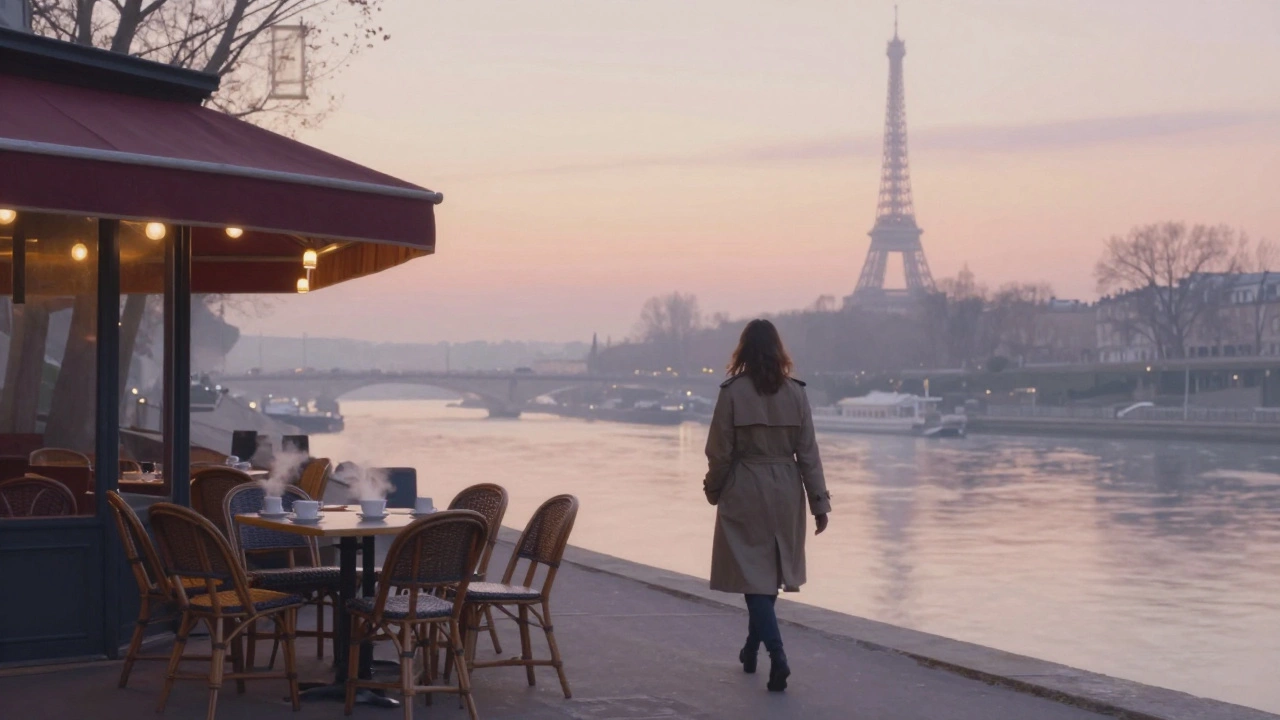 A woman walks alone along the Seine at sunrise, the Eiffel Tower faint in the distance, mist rising from the water.