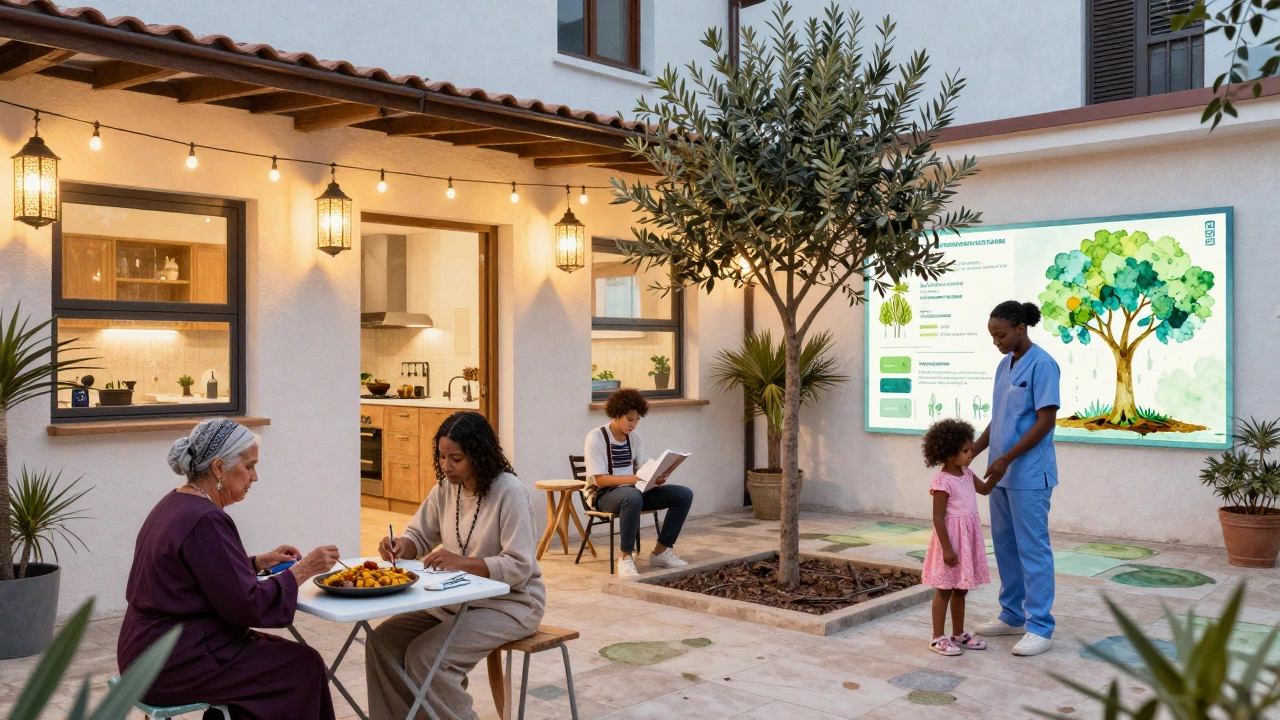 Diverse community gathering in a co-living courtyard: a grandmother serves food, an artist sketches, and a child plays beside a new olive tree.