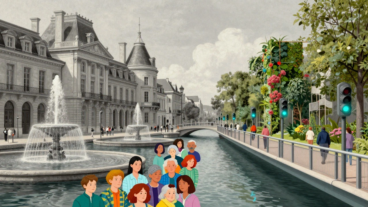 Split-image concept: historic Aix on one side, futuristic green infrastructure on the other, connected by a tapestry of diverse residents.